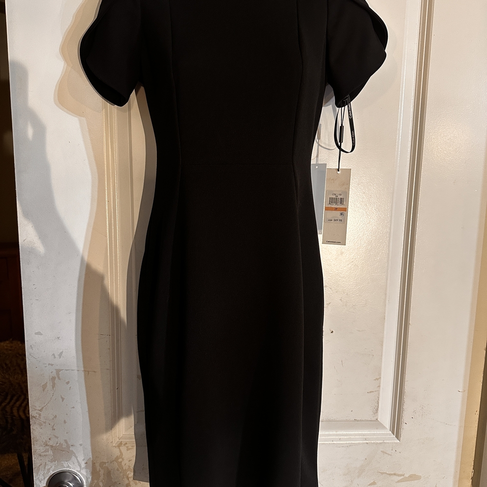 Calvin Klein Black Puff Sleeve Mock Neck Sheath Dress